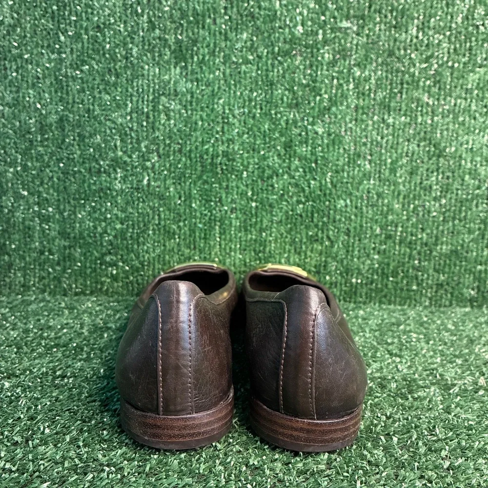 Tory Burch Georgia Hexagon Logo Leather Ballet Flat Dress Shoes Brown Womens 7M